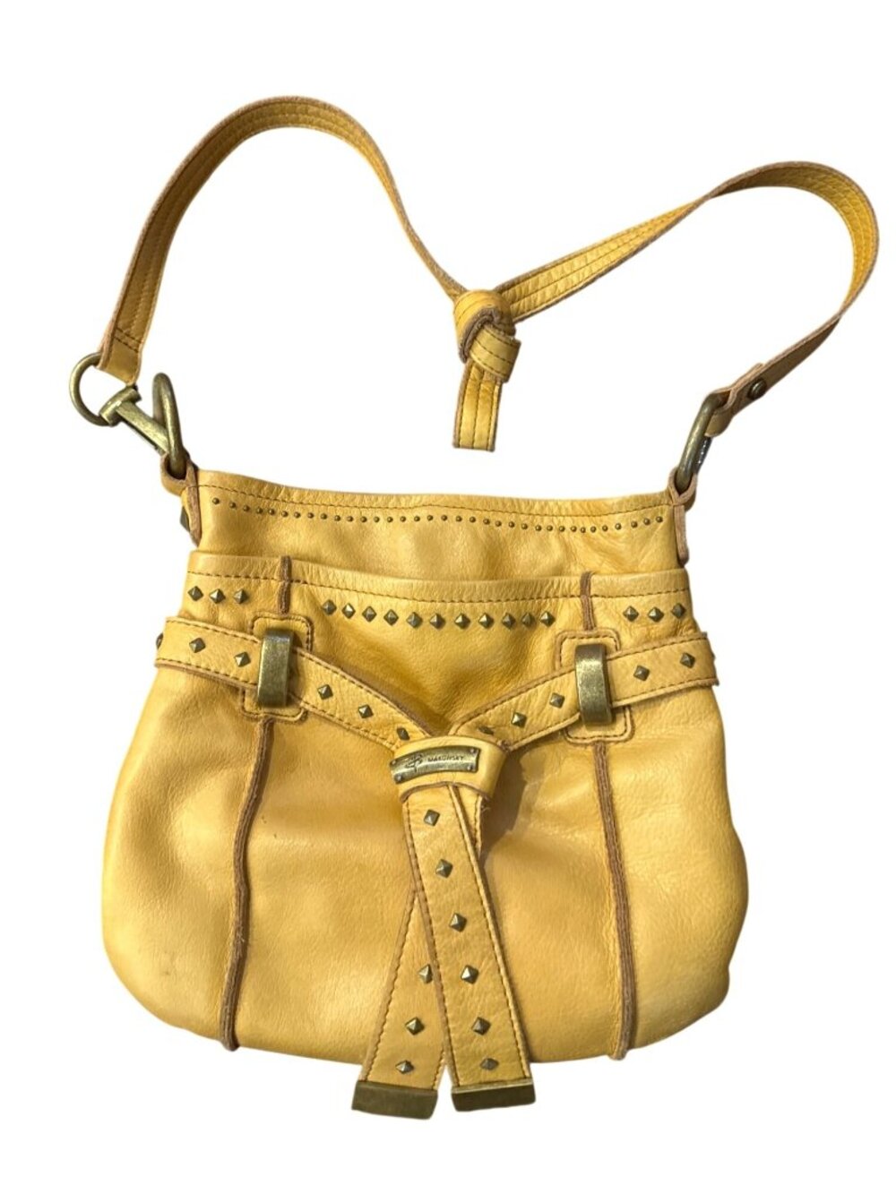 B. Makowsky Mustard Yellow Genuine Leather Studded Belt Shoulder Bag Leopard